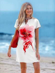 Sylviya Casual Floral Pattern V-Neck Short Dress For Women, Suitable For Spring/Summer Chic Dress - White - View 3