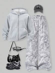SHEIN ChillGRL 2 件套青少年女孩街头休闲宽松设计拉链连帽夹克搭配迷彩印花工装裤套装，适合日常通勤、休闲、度假、聚会、街头风格 - 淺灰色 - 查看 1