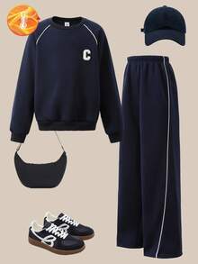 SHEIN ChillGRL 青少年女孩两件套：海军蓝圆领运动衫，带刺绣字母贴片，搭配运动裤，具有休闲街头风格，专为秋冬季设计，适合学校、派对、运动、郊游等场合。 - 藏蓝色 - 查看 2