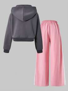SHEIN ChillGRL 2件套青少年女孩休闲保暖连帽衫和阔腿裤套装 - 彩色 - 查看 3