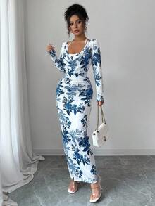 Elenzga New Style Blue & White Floral Print Sexy Elegant Draped Neck Ruffle Tie Waist Slim Fit Bodycon Mini Dress, Autumn/Winter - Navy Blue - View 4