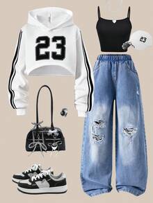 SHEIN ChillGRL 三件套时尚休闲少女套装：白色短款连帽衫（黑色侧边饰带）、黑色吊带背心、蓝色破洞牛仔裤，适合秋冬季外出、通勤和购物。 - 彩色 - 查看 3