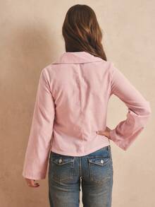 Women's Striped Shirt With Unique V-Neck Design, Front Lace Patchwork, Fitted Cut, Suitable For School, Dates, Autumn/Winter - Pink - View 2