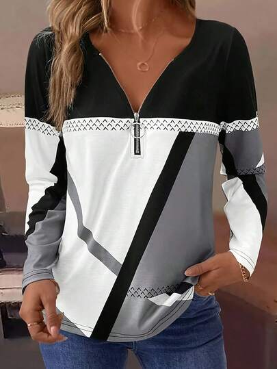 EMERY ROSE Tee-shirt manches longues décontracté pour femmes en automne/hiver avec col zippé à moitié, imprimé géométrique