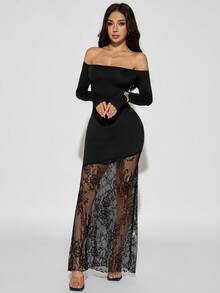 SHEIN PETITE Women's Elegant Romantic Date Sexy Party Black Off Shoulder Long Sleeve Lace Waist Tight Asymmetrical Hem Lace Patchwork Maxi Dress, Autumn - Black - View 2