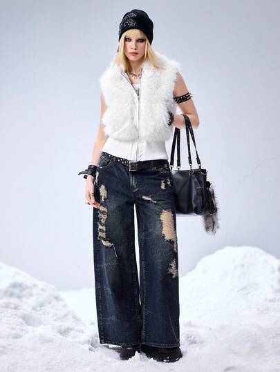 Grunge Punk Y2K Faux Fur Hooded Cardigan Vest Jacket For Women