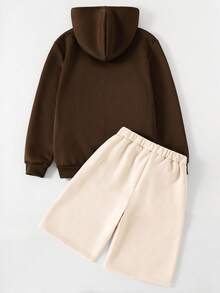 Vacaura 2 件青少年男孩休闲纯色连帽运动衫和运动短裤套装，简约风格，上衣和裤子上饰有编织标签，舒适，适合上学和百搭日常穿着，秋冬新品