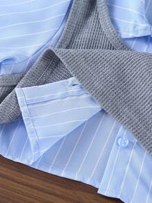 SHEIN 女童针织背心和长袖衬衫两件套，搭配复古格纹百褶裙，时尚休闲、上学、工作装。