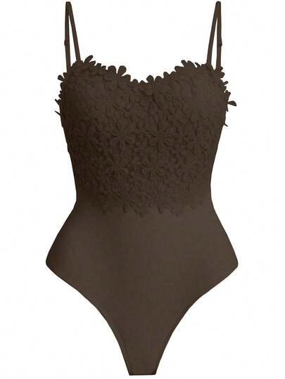 DreamSkyne Plus Size Summer Minimalist Solid Color Lace Detail Camisole Bodysuit Fringe Bathing Suit Hibiscus Swimsuit Brown Bodysuit Gothic Bathing Suit Brown Swimsuit Women