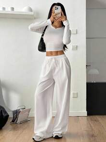 SHEIN PETITE Women's Summer Country Concert Going Out Boho Beach Vacation Outfits Basic Minimalist Washed 100%Cotton White Pants Curved Hem Pants,Fall Women Clothes White Wide Leg Pants Women - White - View 6