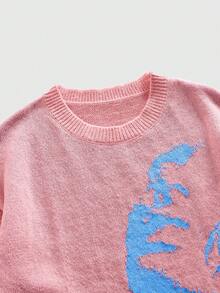ROMWE MEN ROMWE Avant Men's Crew Neck Distressed Portrait Punk Graphic Sweater - Pink - View 3
