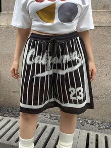 SHEIN EZwear 大码黑白字母条纹休闲高街膝盖长度短裤，夏季 - 黑與白 - 查看 7