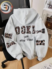 SHEIN Explorewe Teen Girl Leopard Print Letter Graphic Drop Shoulder Fleece Sweatshirt,Autumn,Streetwear,Holiday,Back-To-School,Ladies Teacher Uniform Fall Winter - Grey - View 3