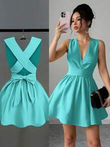 Franclia 女士浪漫优雅性感婚礼宾客纯色交叉 V 领无袖 A 字迷你连衣裙，演唱会服装百搭设计，适合海滩、派对、春夏口袋晚礼服露背奶油黄短裙 - 薄荷綠 - 查看 6