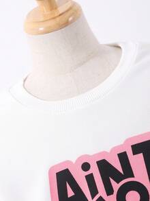 SHEIN ChillGRL 2 件套 Tween Girl 口号印花字母白色圆领运动衫搭配时尚休闲卡其色工装裤，休闲街头风格 - 粉色 - 查看 8