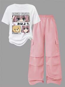 SHEIN ChillGRL 2件套少女休闲时尚卡通图案圆领短袖上衣和工装裤套装 - 彩色 - 查看 2