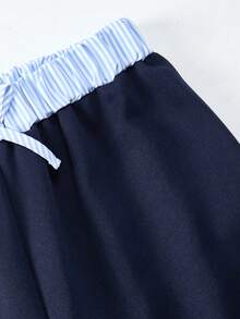 SHEIN ChillGRL Set 2 buc. pentru fete preadolescente Romweezy, lejer, casual, cu imprimeu contrastant, 2 în 1, hanorac scurt cu guler, stil V, asortat cu pantaloni largi, casual, cu imprimeu contrastant, potrivit pentru zi cu zi, naveta, sport, vacanță, adunări, fotografie stradală - Albastru regal - Vizualizare 7
