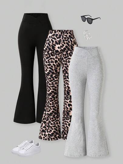 SHEIN ChillGRL 3pcs Girls Leopard Print Minimalist Black Skinny Flare Pants, Versatile Casual Wear For Spring, Summer And Autumn Fall Winter