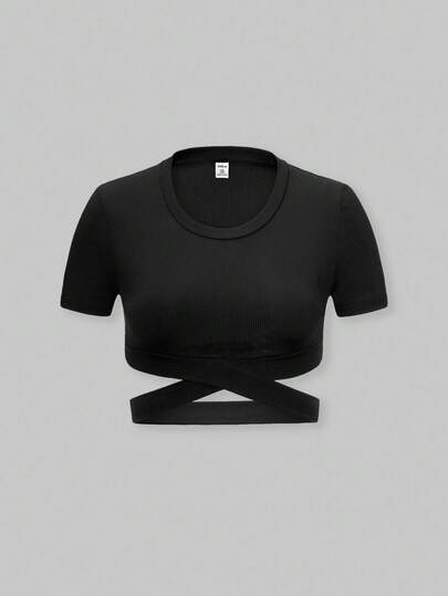 SHEIN ChillGRL 少女纯色圆领镂空短袖T恤，简约优雅设计，圆领，柔软亲肤