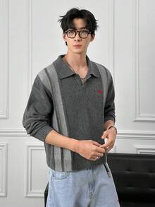 ESTAVOR Áo len dài tay cổ bẻ thêu họa tiết thường ngày cho nam, Thu/Đông - Màu xám đen - Xem 2