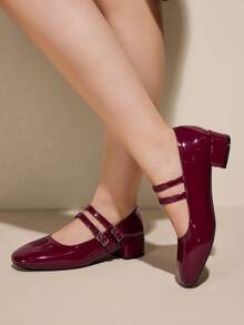 CUCCOO CURVES 女士亮面搭扣设计时尚宽楦粗跟鞋