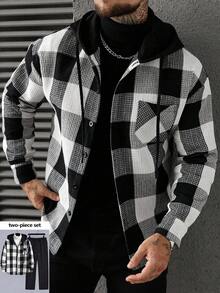 Manfinity Homme 男士时尚简约格子长袖连帽外套和裤子休闲套装 - 黑色 - 查看 5
