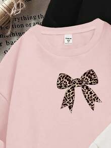 SHEIN Leap Crew 3件套复古奶油白、奶油粉、黑色豹纹爱心、豹纹蝴蝶结、字母图案少女休闲宽松圆领长袖卫衣，适合秋冬季穿着。 - 彩色 - 查看 3