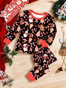 SHEIN Baby Girl Black Autumn Casual Birthday Christmas Gift,Cute Pink Bow Gingerbread Snowflake Snowman Long Sleeve Top And Pants Loungewear Snug Fit Set - Multicolor - View 2