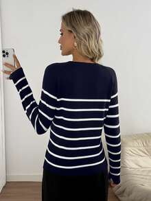 Easowa Black & White Striped Long Sleeve Sweater For Women, Warm And Fashionable For Fall/Winter Back To School - Navy Blue - View 2