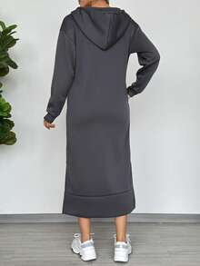 SHEIN LUNE 女士连帽抽绳卫衣连衣裙，纯色长袖口袋休闲宽松侧开衩连衣裙，适合秋冬季穿着 - 深灰色 - 查看 2
