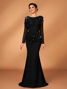 Serin 优雅奢华的串珠泡泡设计弹力针织网纱透视袖褶皱鱼尾裙，适合婚礼、派对、度假、晚宴、节日、新娘母亲晚礼服等场合。 - 黑色 - 查看 4