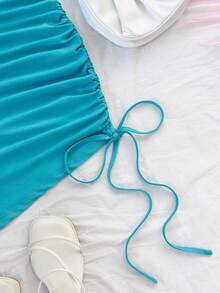 Soleia Gaun Mini Slip Rajut Merah Wanita dengan Kerah V, Pinggang Berbentuk Tulang Ikan, dan Hem Asimetris Berkerut, Cocok untuk Liburan. - Mint Blue - View 4