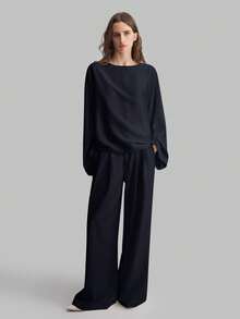 Ontre Women's Satin Off-Shoulder Oversized Sleeve Minimalist Elegant Business Casual Blouse, Autumn/Winter - Navy Blue - View 8