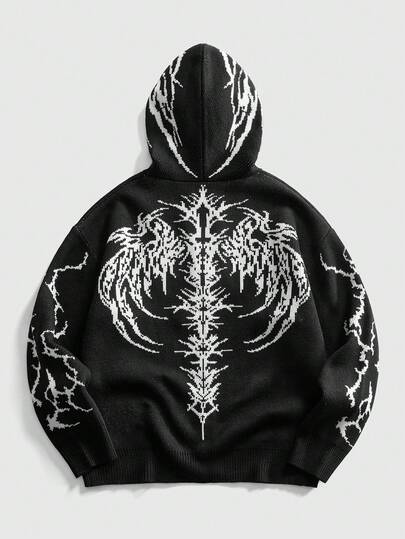 Men's Hooded Skeleton Wing Dark Street Knit Cardigan