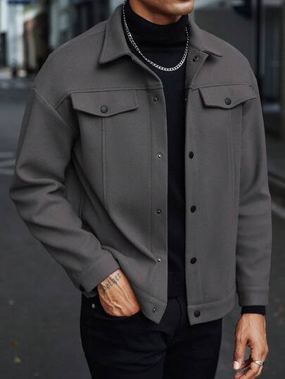 Manfinity CasualCool 男士休闲纯色夹克，秋季男士夹克，灰色夹克，短款男士夹克，男士衬衫式夹克，男士休闲夹克