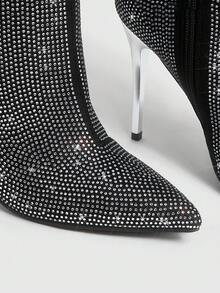 女性水鑽裝飾細跟一腳蹬彈力靴,魅力四射黑色時尚靴子