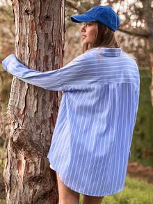 Cloudara WOMAN BLUE AND WHITE LINED POPLIN BLOUSE - Blue and White - View 2