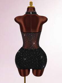 Amplova Halter Neck Sleeveless Rhinestone Decor Cinched Waist Sheer Ruched Sexy Party Mini Dress Sexy Dress For Club Rhinestone Dress - Black - View 2