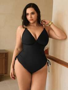 Swim Chiccia Traje de baño de una pieza talla grande para mujer, estilo triángulo con correa de metal con trébol, diseño con lazo lateral fruncido, estilo vacacional - Negro - Ver 4