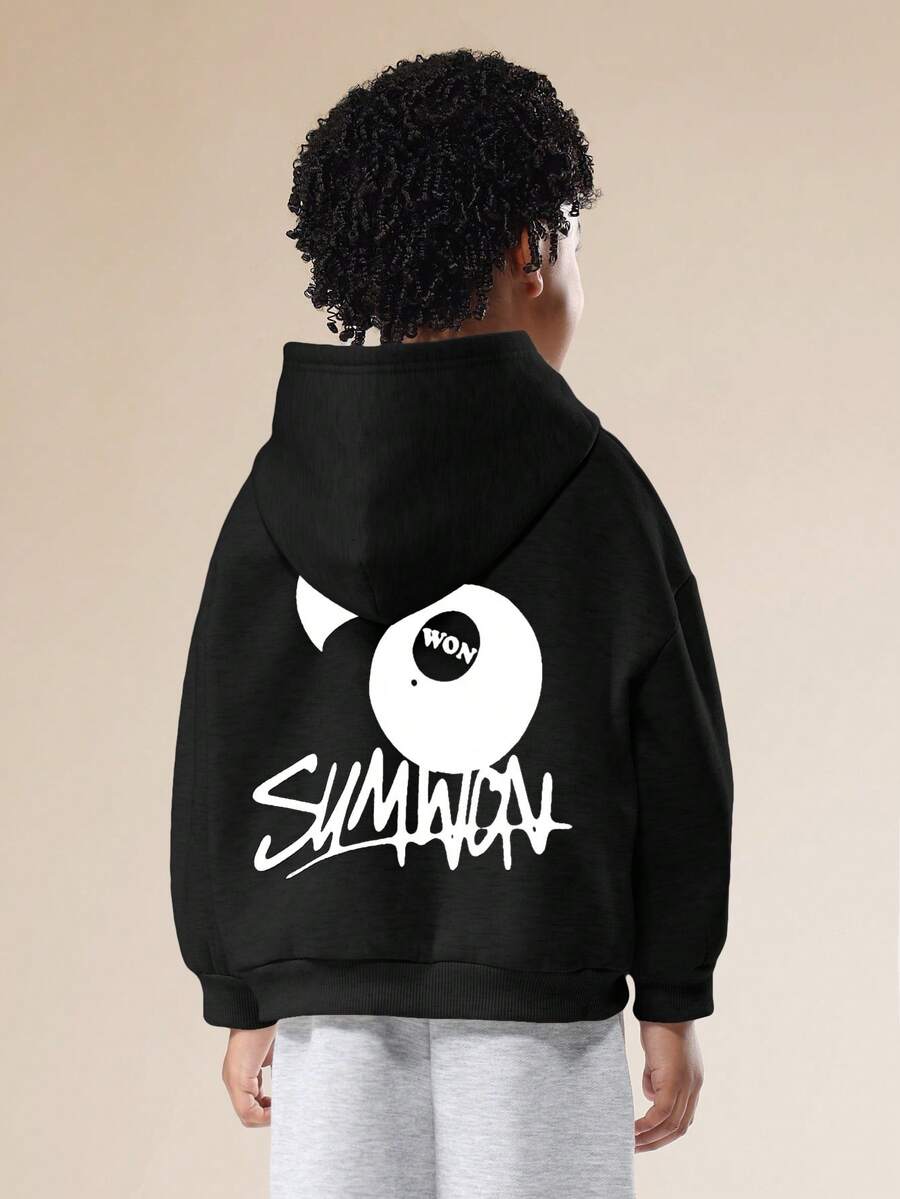 SUMWON 男童连帽卫衣，眼睛印花设计，长袖套头衫，休闲秋冬街头风度假装 - 黑與白 - 查看 1