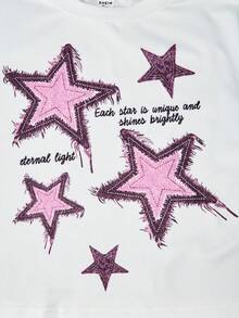 SHEIN ChillGRL Set de 2 piezas con camiseta de cuello redondo con estampado de estrellas y pantalones vaqueros anchos de pierna ancha estampados, outfit casual de verano para chicas adolescentes - Rosa Pálido - Ver 4