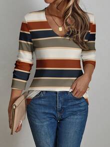 EMERY ROSE Women's Striped Contrast Color Retro Print V-Neck Long Sleeve T-Shirt, Suitable For Autumn/Winter, Matching, Outdoor, Work Commute, Airport, Party, Chic - Multicolor - View 3