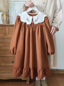 Vintaside Kids 1pc Girls' Ruffled Collar Embroidered Half-Placket Loose Fit Vintage Midi Dress, Apricot Color, Long Sleeve, Casual/Commute, Princess Style - Brown - View 4