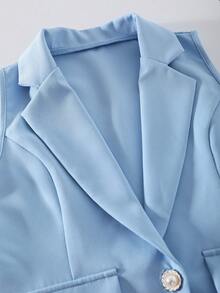 Tween Girls Elegant Minimalist Fashion Elegant Lapel Sleeveless Waist Solid Color Fake Pocket Vest Suit With High Waist Long Solid Blue Tulle Skirt Set, Ladylike Tulle Skirt Suit - Blue - View 7