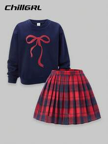 SHEIN ChillGRL 2pcs/Set Tween Girls Loose Casual Cute Bowknot Print Crew Neck Long Sleeve Top & Pleated Plaid Skirt Set, Suitable For Daily, Commute, Leisure, Vacation, Gathering With Friends, Street Snap