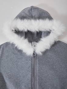 SHEIN ChillGRL Streecool Tween Girl Girls 2-Piece Set: Fleece Zip-Up Hooded Short Jacket With Frayed Edges + Drawstring Straight Leg Pants, Suitable For Casual, Commute, Vacation In Autumn/Winter Fall