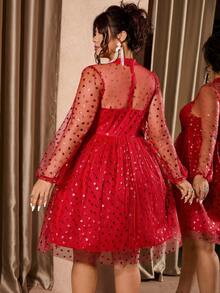 Cravure Váy dài tay họa tiết trái tim, thắt eo cỡ lớn dành cho nữ - Đỏ - Xem 2