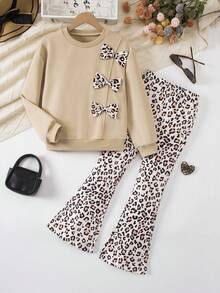 2pcs/Set Tween Girls Casual Leopard Print 3D Bow Decor Long Sleeve Thick Sweatshirt And Flared Pants Set, For Home & School - Apricot - View 2