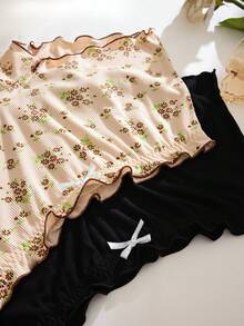 5pcs/Set Comfortable Ribbed Cotton Floral Print Ruffle Trim Boyshort Panties - Multicolor - View 5