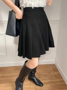 FRIFUL Women's Black A-Line Pleated Midi Skirt, Academic Style, Summer Clothing - Black - View 4